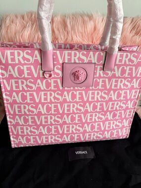 Versace Pink and White Logo Canvas Tote with Medusa Plaque